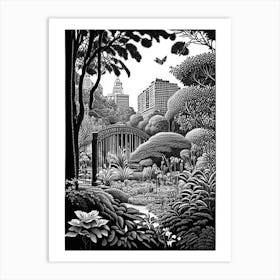 Central Park Conservatory Garden, Usa Linocut Black And White Vintage Art Print