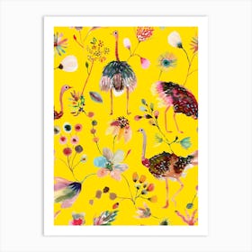 Ostriches And Floral Yellow Art Print