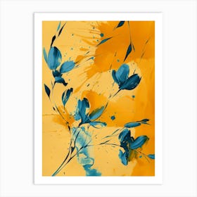 Blue Flowers On Yellow Background Art Print