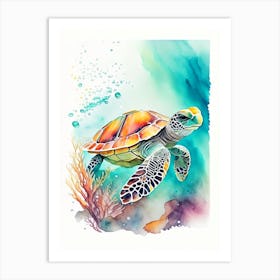 A Single Sea Turtle In Coral Reef, Sea Turtle Watercolour 2 Art Print