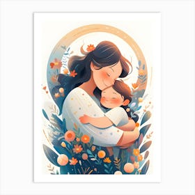 Mother and Child Illustration – Heartwarming Floral Art for Home Decor Art Print