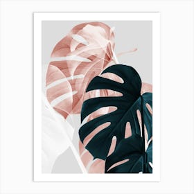 Monstera Leaves Pink Green Metallic_2058429 Art Print