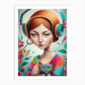 Girl With Headphones And A Cat 1 Art Print