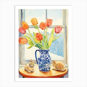 Cat With Tulip Flowers Watercolor Mothers Day Valentines 4 Art Print
