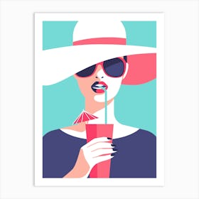 Woman With Hat And Drink Art Print