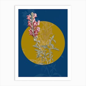 Vintage Botanical Red Dragon Flowers on Circle Yellow on Blue Art Print