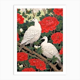 Japanese Tea Camellia And Birds Vintage Japanese Botanical Art Print