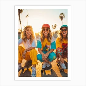 A Joyous Group Of Three Caucasian Female Skateboarders Hipster In Style Smiling Radiantly Sitting Art Print