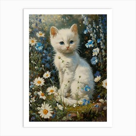 White Kitten In Field Of Daisies Rococo Inspired 4 Art Print