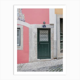 Lisbon Alfama Art Pink Facade & Green Door Art Print