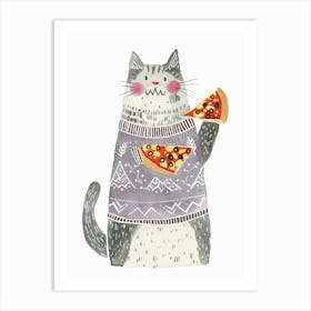 Happy Grey And White Cat Pizza Lover Folk Illustration 4 Art Print