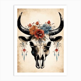 Vintage Boho Bull Skull Flowers Painting (38) Art Print