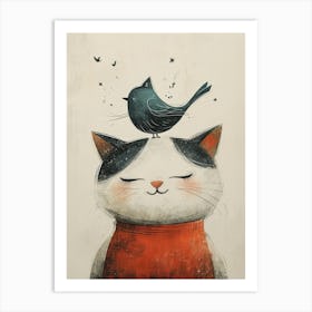 Cute Cat With Bird 2 Art Print