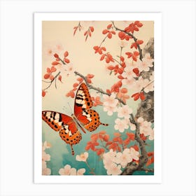 Cherry Blossom Orange Butterfly Japanese Painting Style Art Print