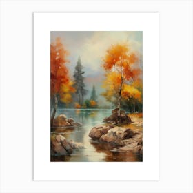 Autumn Lake,Forest Lake, Vintage Oil Painting, Farmhouse Wall Decorations, Antique Landscape, Vintage Landscape Oil Painting.10 1 Art Print