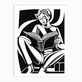 Reading A Book Linocut Black And White Painting, 319 Art Print