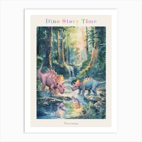 Triceratops Drinking Out Of A Stream Watercolour Painting Poster Art Print