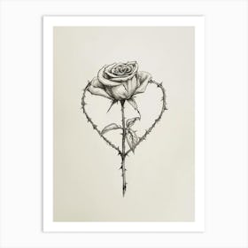 English Rose In A Heart Line Drawing 2 Art Print
