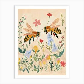 Folksy Floral Animal Drawing Bee Art Print