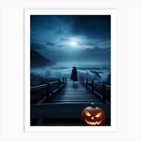 Halloween Themed Coastal Landscape During Dusk Featuring A Jack O Lantern With A Glowing Eye Perched (5) Art Print