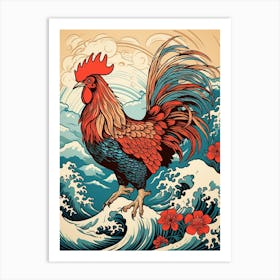Rooster Animal Drawing In The Style Of Ukiyo E 2 Art Print