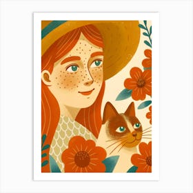 Woman Girl with Siamese Cat, Hat Poster