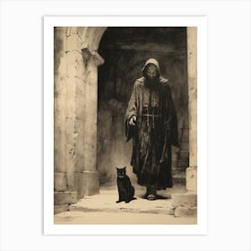 Sepia Etching Of A Monk With Their Black Cat Art Print