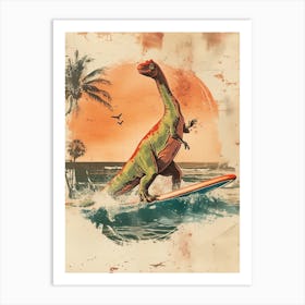 Vintage Camarasaurus Dinosaur On A Surf Board 1 Art Print