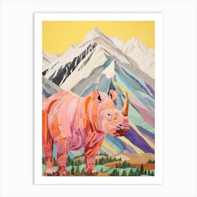 Colourful Patchwork Rhino With Mountain In The Background 1 Art Print