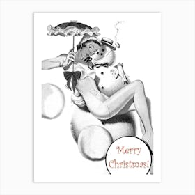 Pinup Girl Sitting On A Happy Snowman Art Print