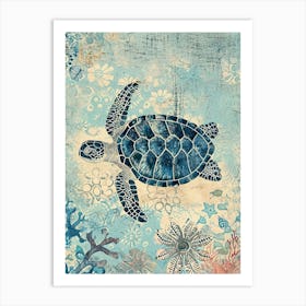 Blue Pastel Sea Turtle Scrapbook Collage Art Print