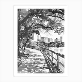 Lady Bird Lake And The Boardwalk Austin Texas Black And White Watercolour 2 Art Print