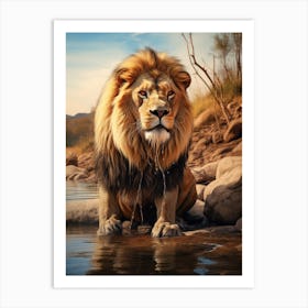 African Lion Drinking From A Stream Realistic 1 Art Print