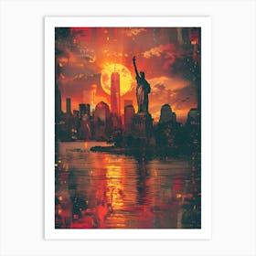 New York City Sunset, Cityscape Collage Retro Art Print