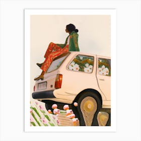 Girl Sitting On Car Roof With Flowers Art Print