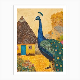 Peacock Outside A Thatched Cottage Illustration 2 Art Print