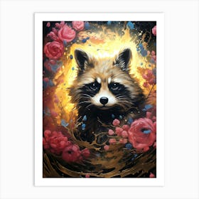 Raccoon In Roses Art Print