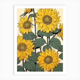 Himawari Sunflower Vintage Botanical Woodblock Art Print
