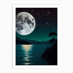 Full Moon Over Lake night Art Print