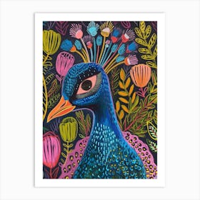 Colourful Folk Inspired Peacock Portrait 3 Art Print