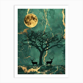 Deer And Tree In The Moonlight Art Print