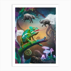 A Surreal Scene Of A Chameleon Perched O Art Print