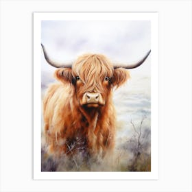 Foggy Highland Watercolour Cow 1 Art Print