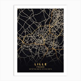 Lille France Black And Gold Map Art Print