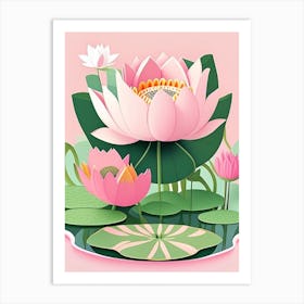 Lotus Flower In Garden Scandi Cartoon 1 Art Print