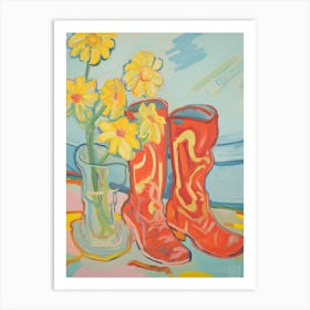 Painting Of Yellow Flowers And Cowboy Boots, Oil Style 2 2 Art Print