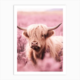 Pastel Pink Portrait Of Highland Cow In The Grass 2 Art Print