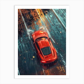 Red Sports Car In Rain Art Print