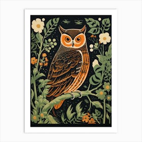 Vintage Bird Linocut Eastern Screech Owl 2 Art Print