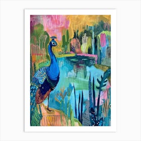 Peacock By The River Colourful Painting 1 Art Print